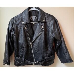 Vintage Small Diamond Plate Buffalo Leather Motorcycle Jacket 3/4 Sleeve Women's